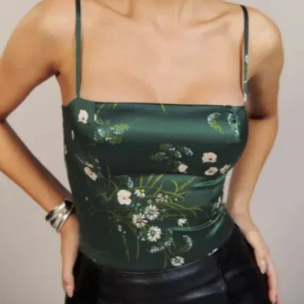 Reformation -- Overland Silk Top in "Buena" (green florals)